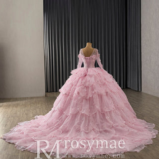 Fairy Candy Pink Quinceanera Dress with V-Neckline Cascading Tiered Ruffles - Rosymae