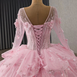 Fairy Candy Pink Quinceanera Dress with V-Neckline Cascading Tiered Ruffles - Rosymae