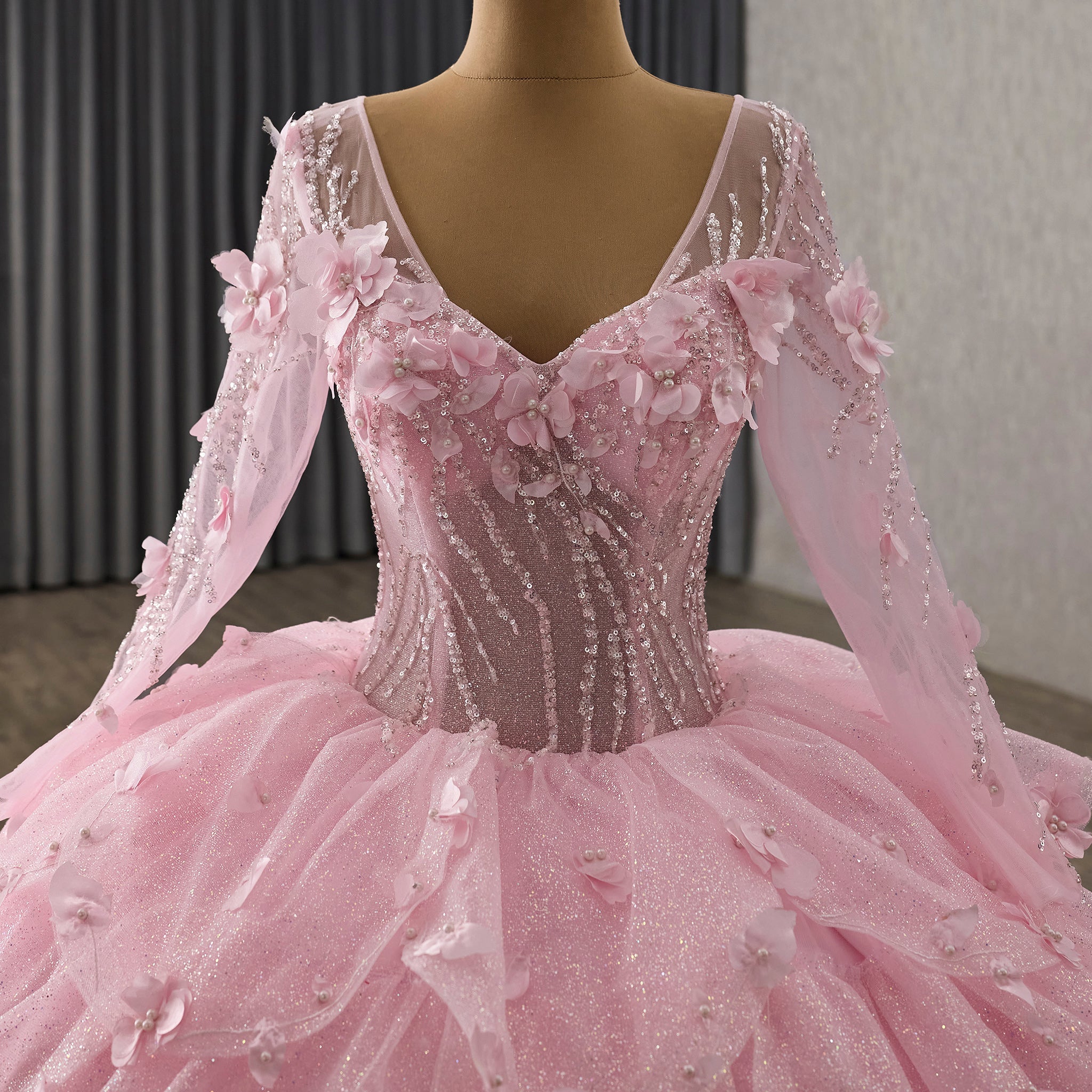Fairy Candy Pink Quinceanera Dress with V-Neckline Cascading Tiered Ruffles - Rosymae