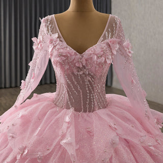 Fairy Candy Pink Quinceanera Dress with V-Neckline Cascading Tiered Ruffles - Rosymae