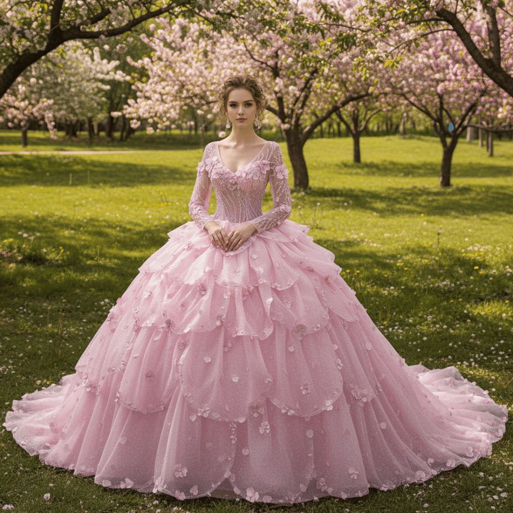 Fairy Candy Pink Quinceanera Dress with V-Neckline Cascading Tiered Ruffles - Rosymae