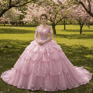 Fairy Candy Pink Quinceanera Dress with V-Neckline Cascading Tiered Ruffles - Rosymae
