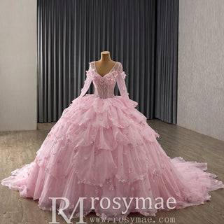 Fairy Candy Pink Quinceanera Dress with V-Neckline Cascading Tiered Ruffles - Rosymae