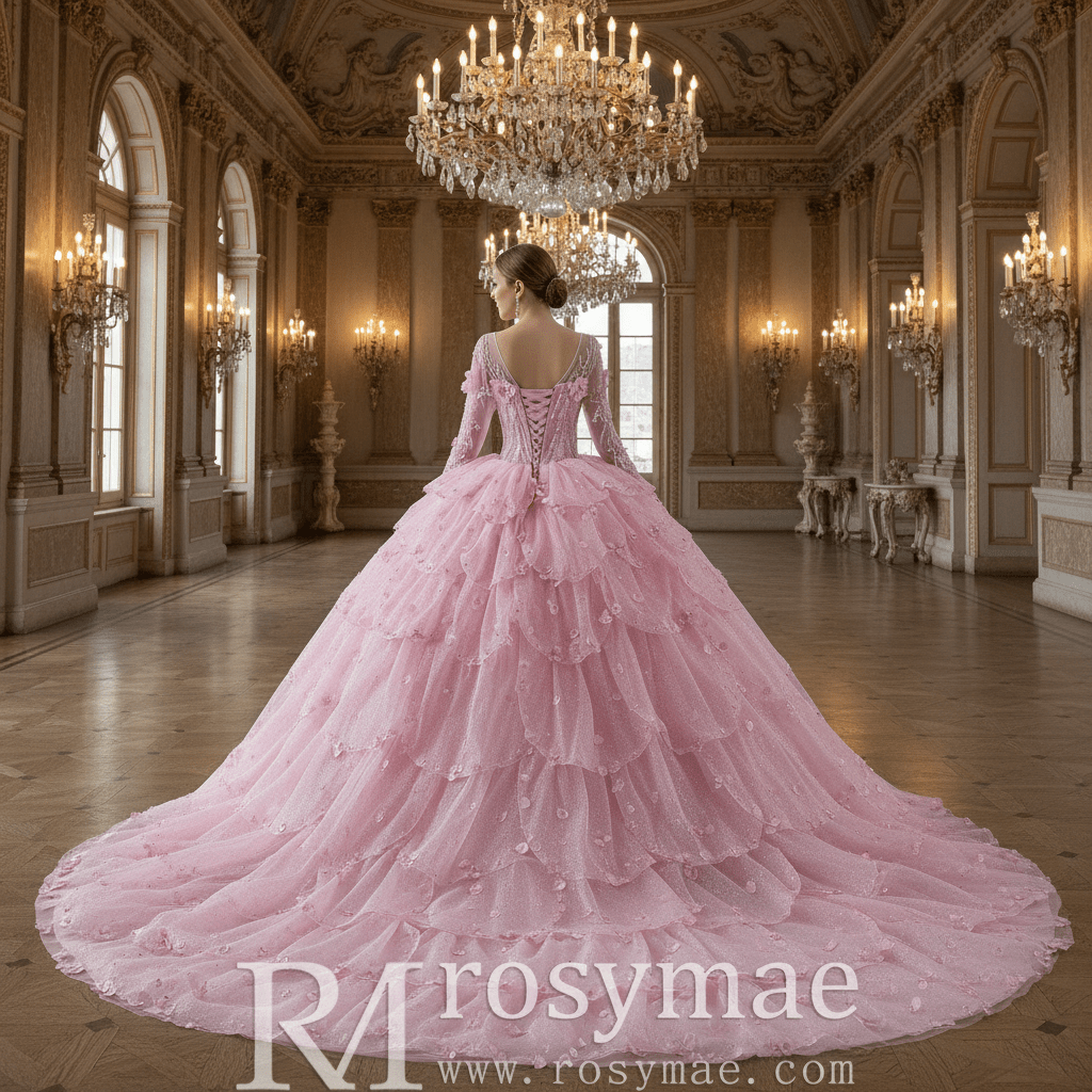 Fairy Candy Pink Quinceanera Dress with V-Neckline Cascading Tiered Ruffles - Rosymae