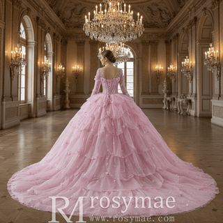 Fairy Candy Pink Quinceanera Dress with V-Neckline Cascading Tiered Ruffles - Rosymae