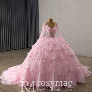 Fairy Candy Pink Quinceanera Dress with V-Neckline Cascading Tiered Ruffles - Rosymae