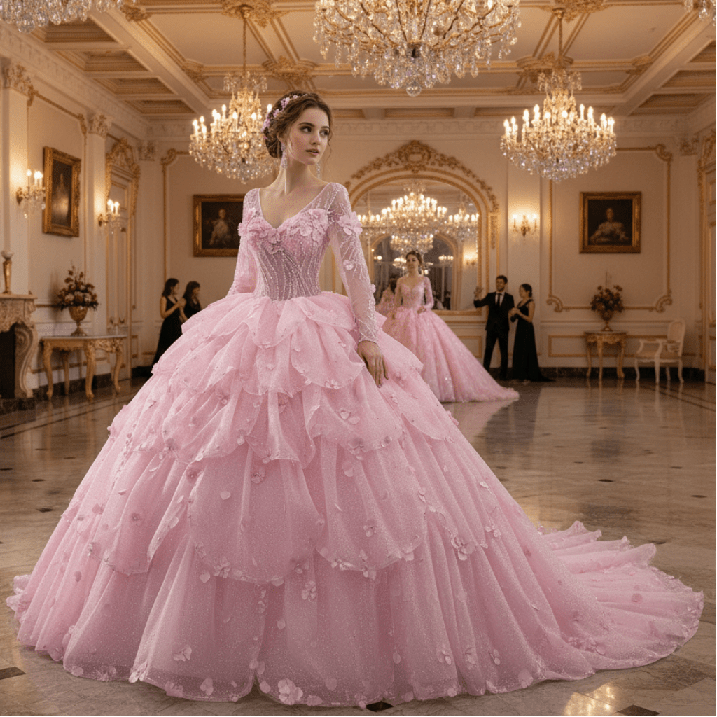 Fairy Candy Pink Quinceanera Dress with V-Neckline Cascading Tiered Ruffles - Rosymae