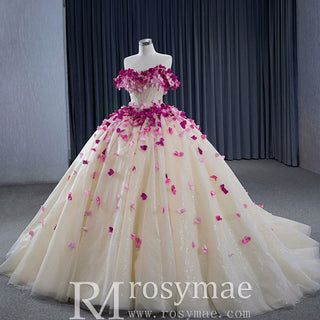 Fairy Champagne Ball Gown Prom Dress Off Shoulder Quinceanera Gown - Rosymae