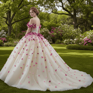 Fairy Champagne Ball Gown Prom Dress Off Shoulder Quinceanera Gown - Rosymae