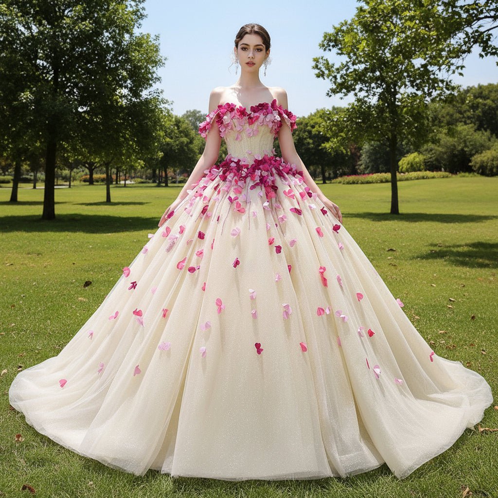 Fairy Champagne Ball Gown Prom Dress Off Shoulder Quinceanera Gown - Rosymae