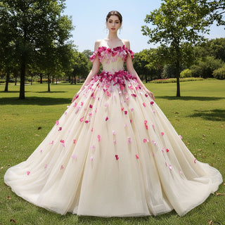 Fairy Champagne Ball Gown Prom Dress Off Shoulder Quinceanera Gown - Rosymae
