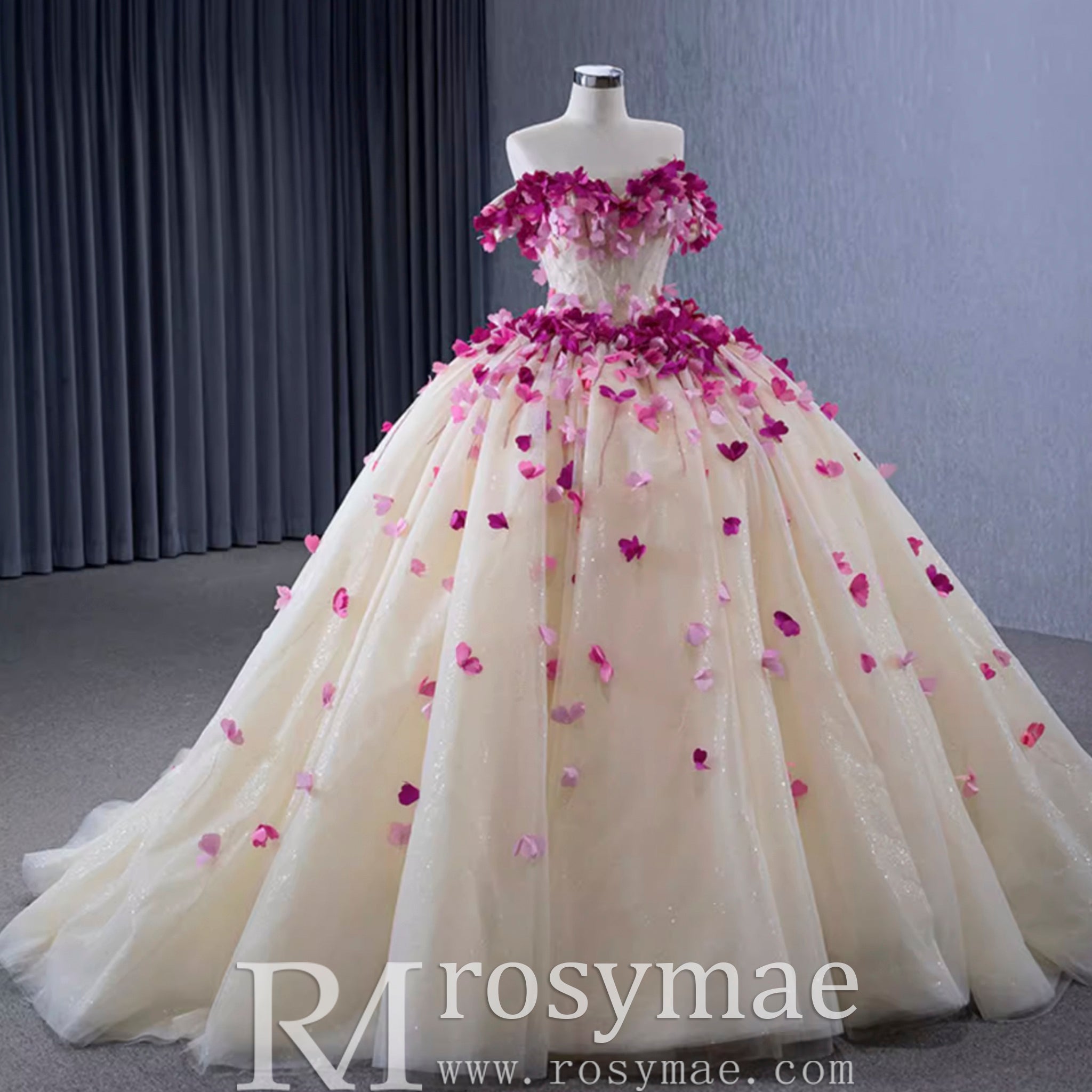 Fairy Champagne Ball Gown Prom Dress Off Shoulder Quinceanera Gown - Rosymae