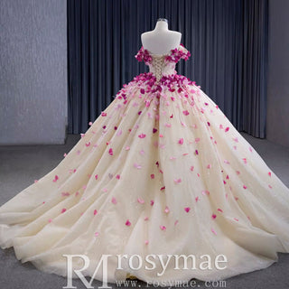 Fairy Champagne Ball Gown Prom Dress Off Shoulder Quinceanera Gown - Rosymae