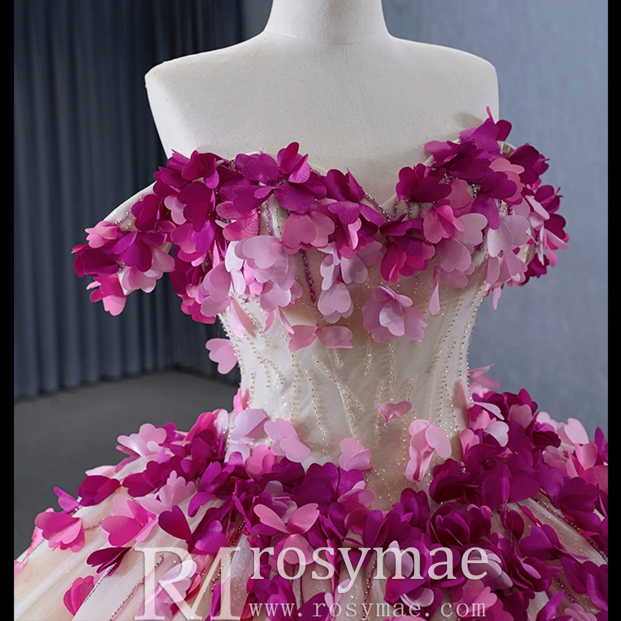 Fairy Champagne Ball Gown Prom Dress Off Shoulder Quinceanera Gown - Rosymae