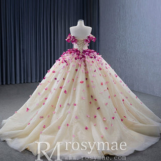 Fairy Champagne Ball Gown Prom Dress Off Shoulder Quinceanera Gown - Rosymae
