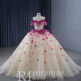 Fairy Champagne Ball Gown Prom Dress Off Shoulder Quinceanera Gown - Rosymae