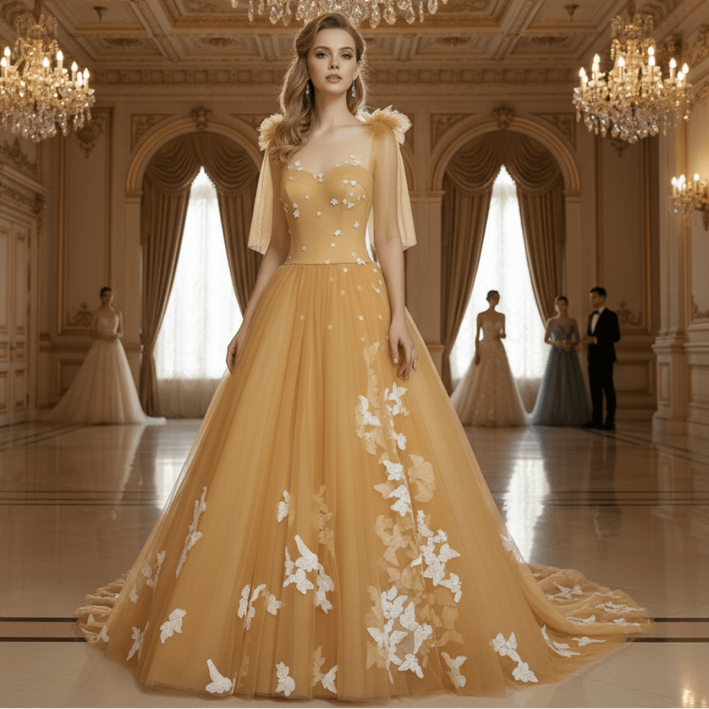 Fairy Champagne Gold Tulle Formal Gown with White Floral Appliqués & Butterfly Lace Motifs - Rosymae