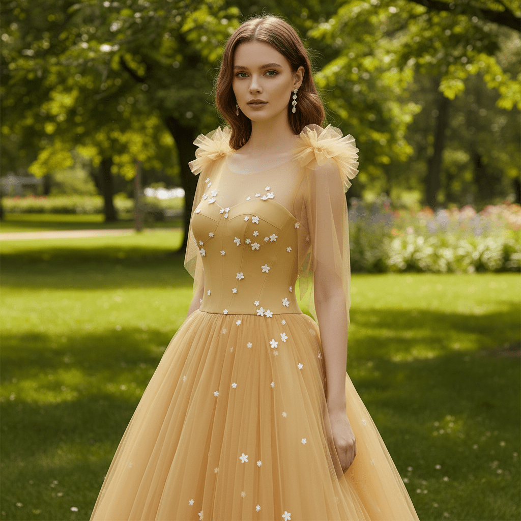 Fairy Champagne Gold Tulle Formal Gown with White Floral Appliqués & Butterfly Lace Motifs - Rosymae