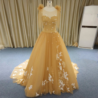 Fairy Champagne Gold Tulle Formal Gown with White Floral Appliqués & Butterfly Lace Motifs - Rosymae