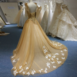 Fairy Champagne Gold Tulle Formal Gown with White Floral Appliqués & Butterfly Lace Motifs - Rosymae