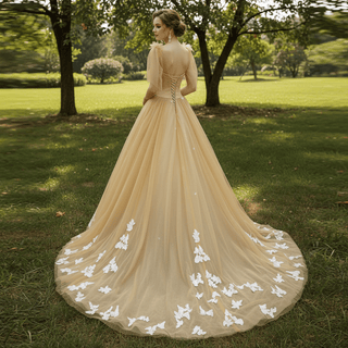 Fairy Champagne Gold Tulle Formal Gown with White Floral Appliqués & Butterfly Lace Motifs - Rosymae