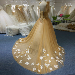 Fairy Champagne Gold Tulle Formal Gown with White Floral Appliqués & Butterfly Lace Motifs - Rosymae