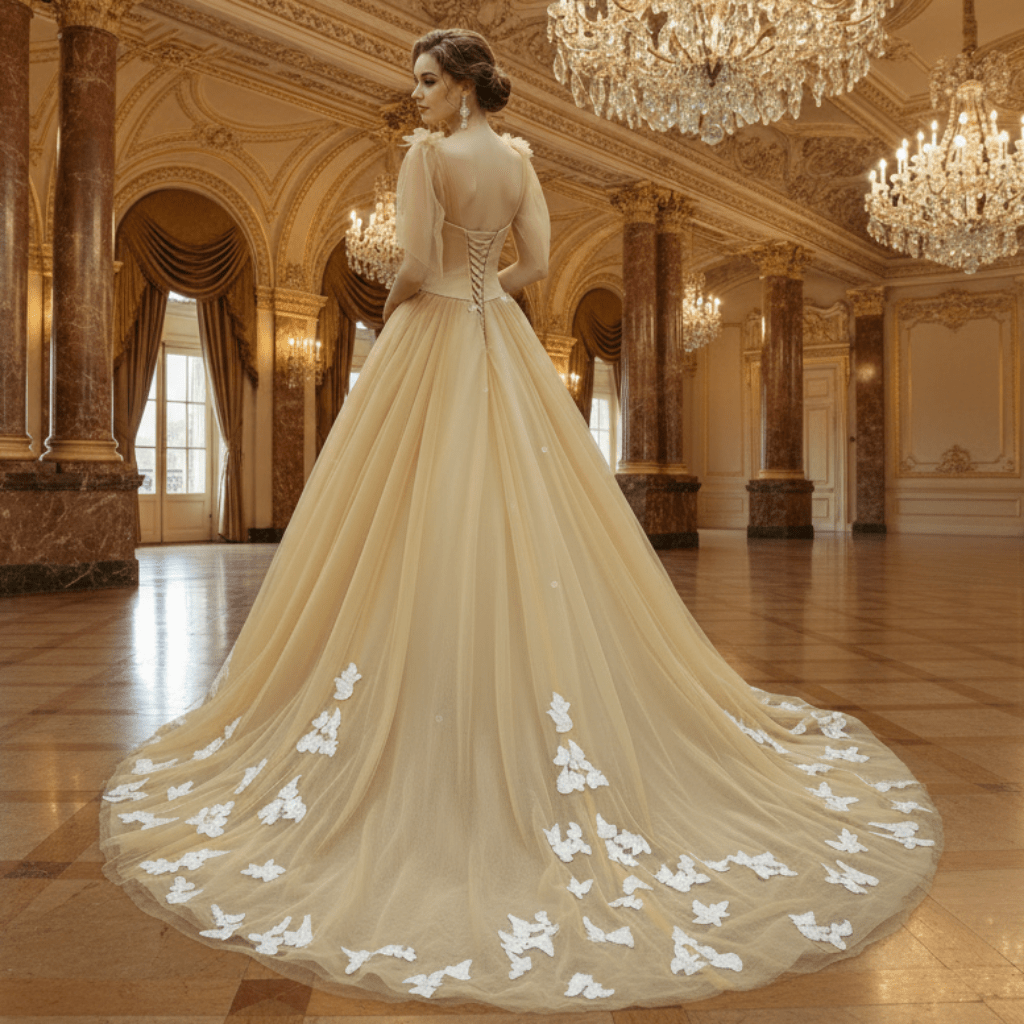 Fairy Champagne Gold Tulle Formal Gown with White Floral Appliqués & Butterfly Lace Motifs - Rosymae