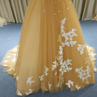 Fairy Champagne Gold Tulle Formal Gown with White Floral Appliqués & Butterfly Lace Motifs - Rosymae