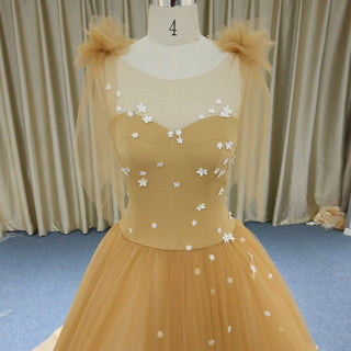 Fairy Champagne Gold Tulle Formal Gown with White Floral Appliqués & Butterfly Lace Motifs - Rosymae