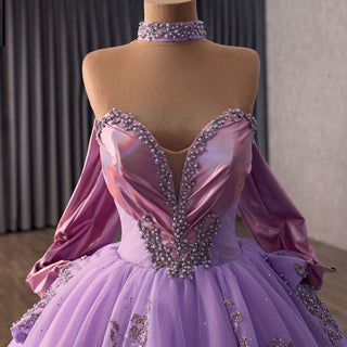 Fairy-Tale Lavender Quinceañera Dress with Pearls Glitter Tulle Skirt - Rosymae