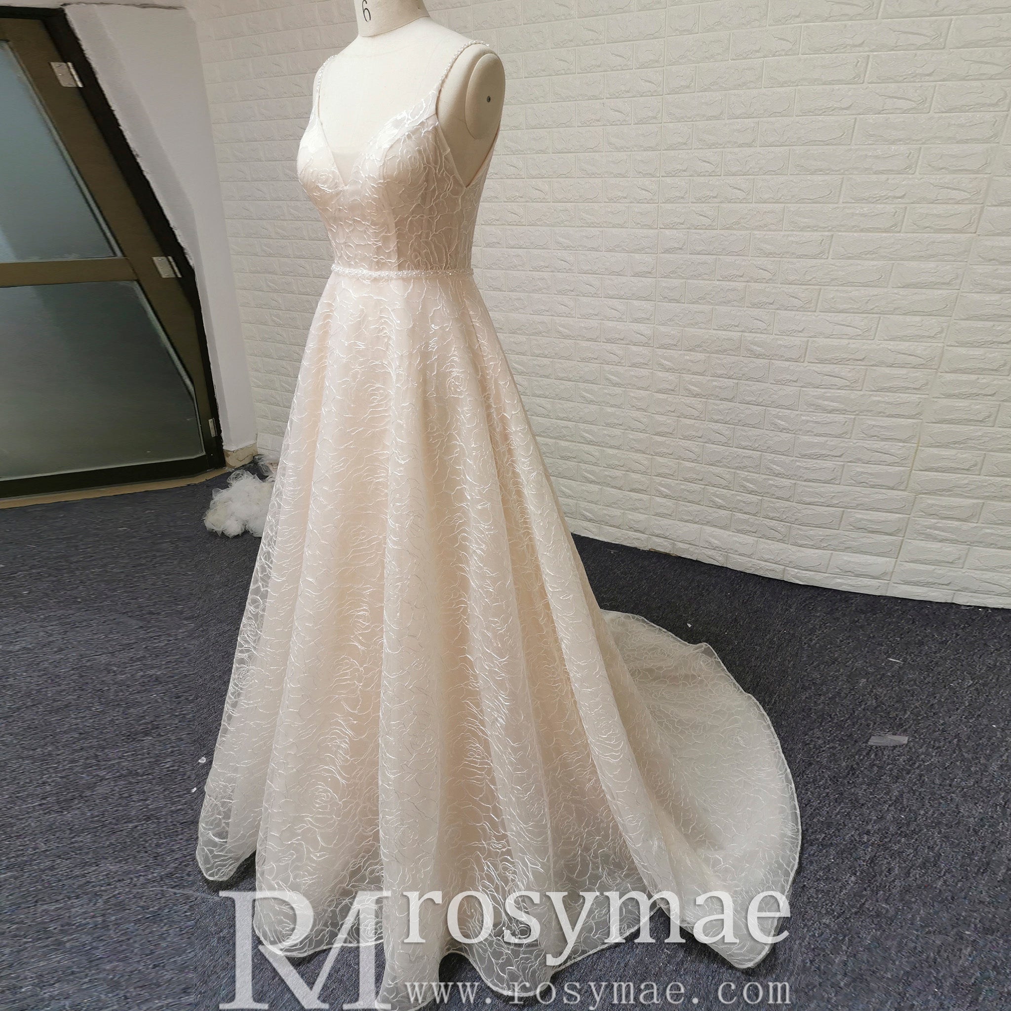 Fairy Tale Spaghetti Straps Princess Lace Wedding Dress with Pocket - Rosymae