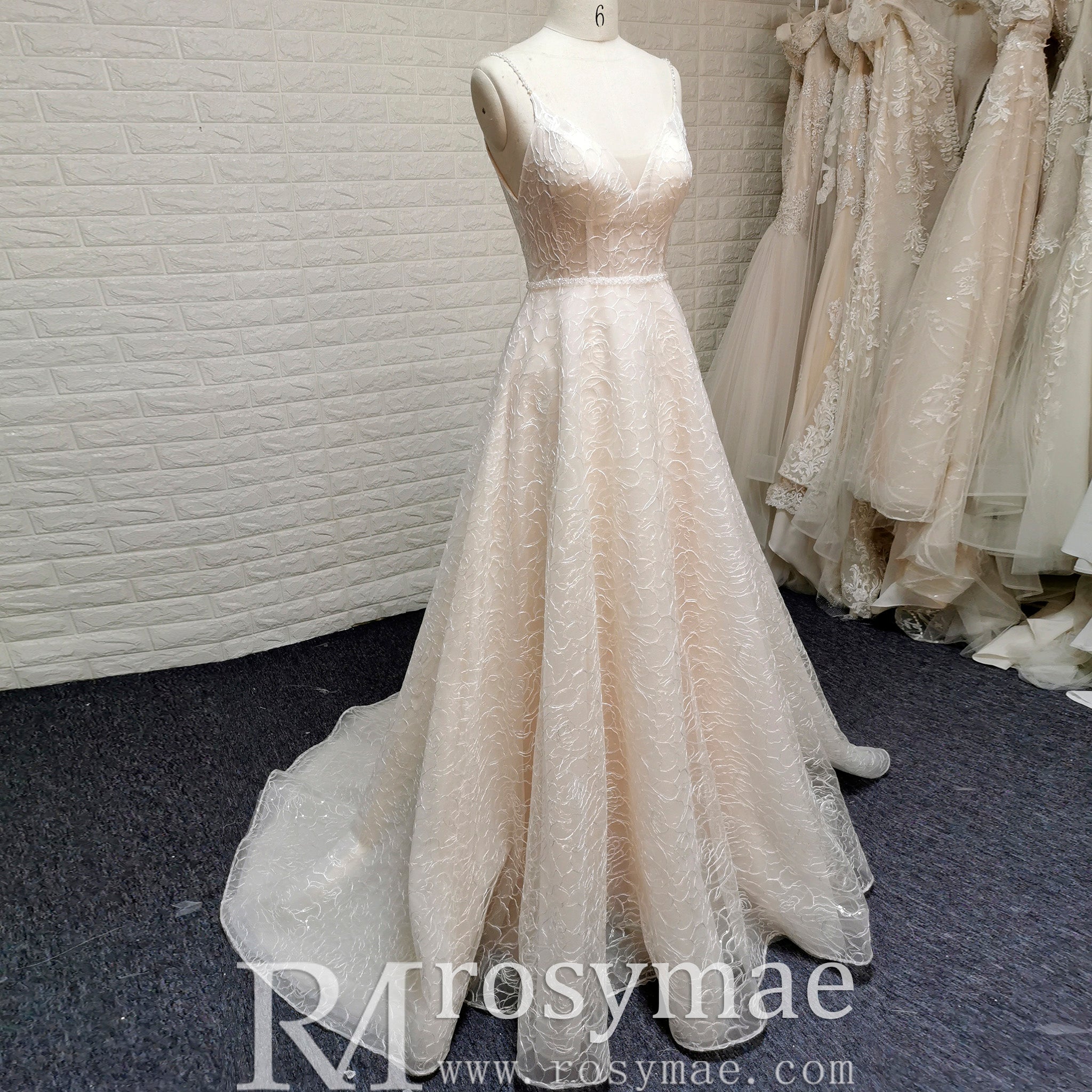 Fairy Tale Spaghetti Straps Princess Lace Wedding Dress with Pocket - Rosymae