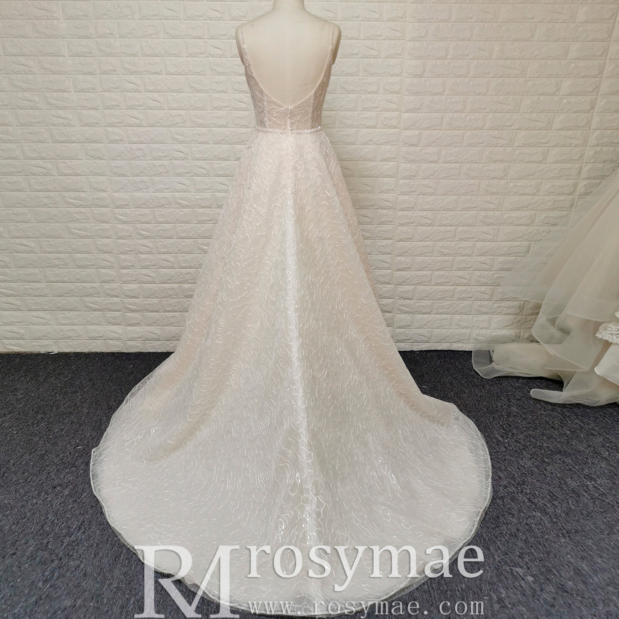 Fairy Tale Spaghetti Straps Princess Lace Wedding Dress with Pocket - Rosymae