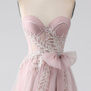 Fairytale Leafy Sequined Appliqués Blush Formal Gown with Asymmetric High Slit - Rosymae