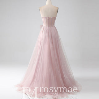 Fairytale Leafy Sequined Appliqués Blush Formal Gown with Asymmetric High Slit - Rosymae