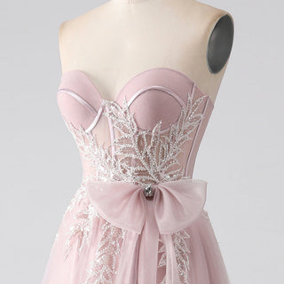 Fairytale Leafy Sequined Appliqués Blush Formal Gown with Asymmetric High Slit - Rosymae
