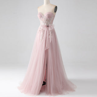 Fairytale Leafy Sequined Appliqués Blush Formal Gown with Asymmetric High Slit - Rosymae