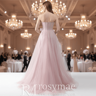 Fairytale Leafy Sequined Appliqués Blush Formal Gown with Asymmetric High Slit - Rosymae