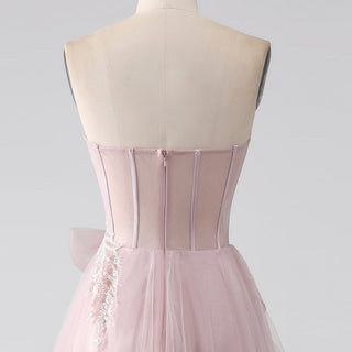 Fairytale Leafy Sequined Appliqués Blush Formal Gown with Asymmetric High Slit - Rosymae