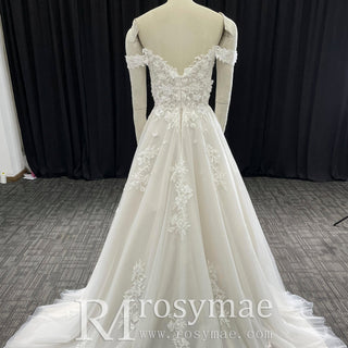 Fairytale Off Shoulder Embellished Tulle Ball Gown Wedding Dress - Rosymae