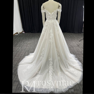Fairytale Off Shoulder Embellished Tulle Ball Gown Wedding Dress - Rosymae