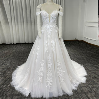 Fairytale Off Shoulder Embellished Tulle Ball Gown Wedding Dress - Rosymae