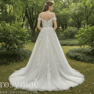 Fairytale Off Shoulder Embellished Tulle Ball Gown Wedding Dress - Rosymae