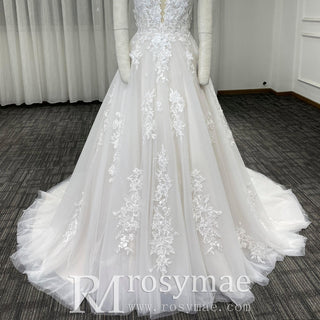 Fairytale Off Shoulder Embellished Tulle Ball Gown Wedding Dress - Rosymae