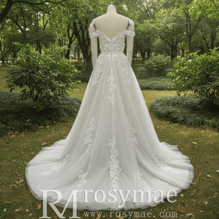 Fairytale Off Shoulder Embellished Tulle Ball Gown Wedding Dress - Rosymae