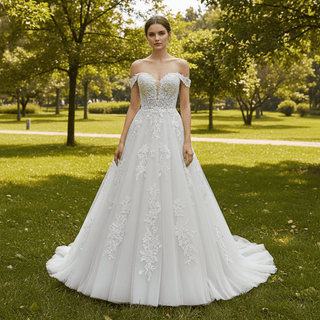 Fairytale Off Shoulder Embellished Tulle Ball Gown Wedding Dress - Rosymae