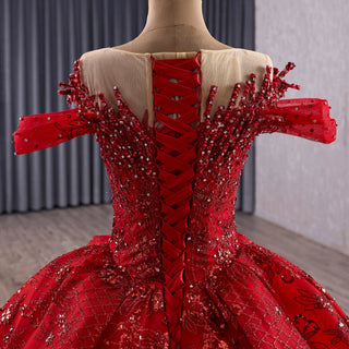 Fairytale Off Shoulder Sparkly Red Quinceanera Dresses with Basque Waist - Rosymae