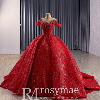 Fairytale Off Shoulder Sparkly Red Quinceanera Dresses with Basque Waist - Rosymae