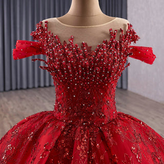 Fairytale Off Shoulder Sparkly Red Quinceanera Dresses with Basque Waist - Rosymae