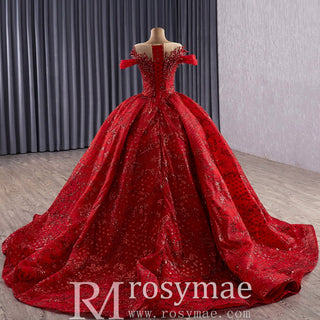 Fairytale Off Shoulder Sparkly Red Quinceanera Dresses with Basque Waist - Rosymae